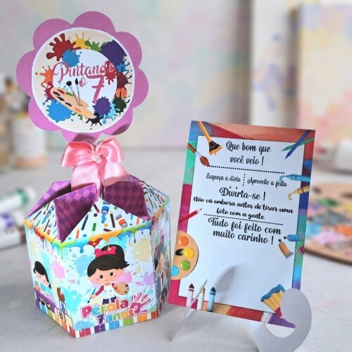 Centro de Mesa Pintando o 7 menina + Plaquinha Cachepô Personalizado