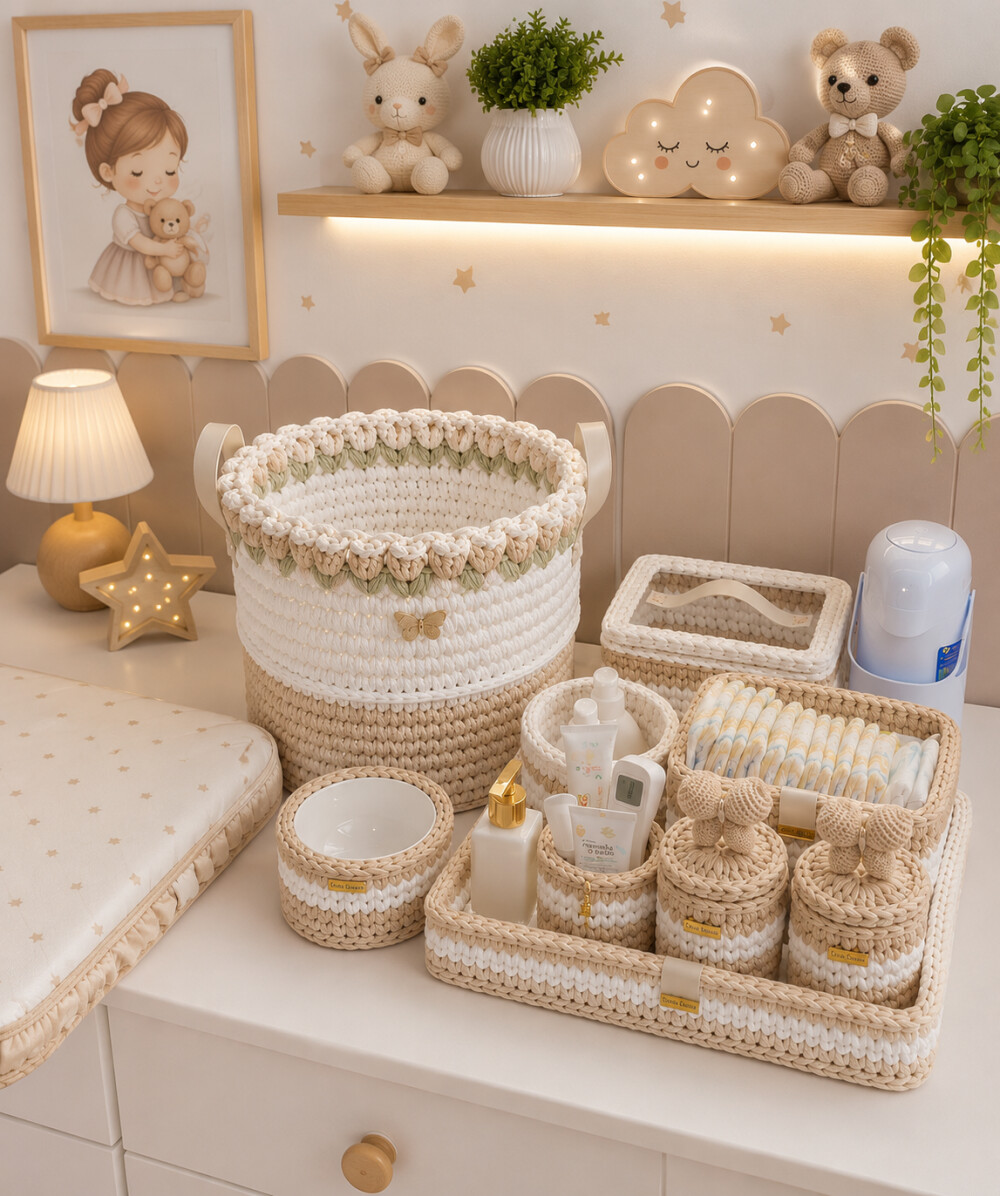 Kit higiênico em crochê com cestão