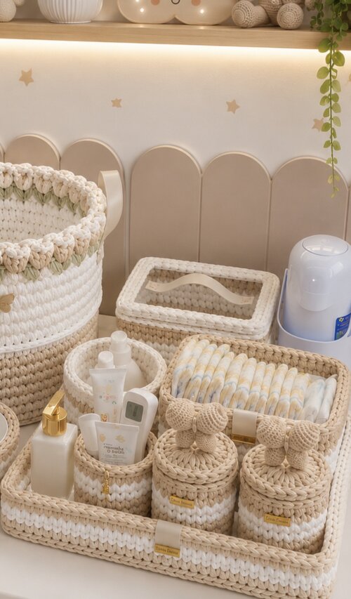 Kit higiênico em crochê com cestão