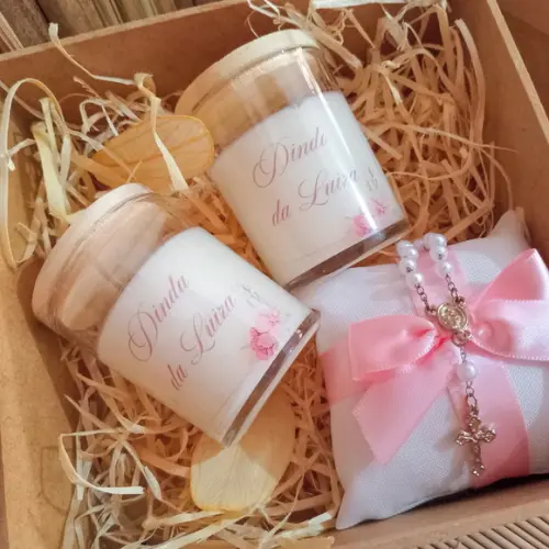 Caixa Convite Padrinhos de Batismo 2 Velas e 1 Mini Terço