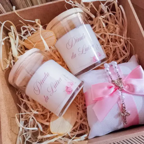 Caixa Convite Padrinhos de Batismo 2 Velas e 1 Mini Terço