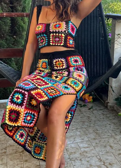 Conjunto Top e Saia em Crochê