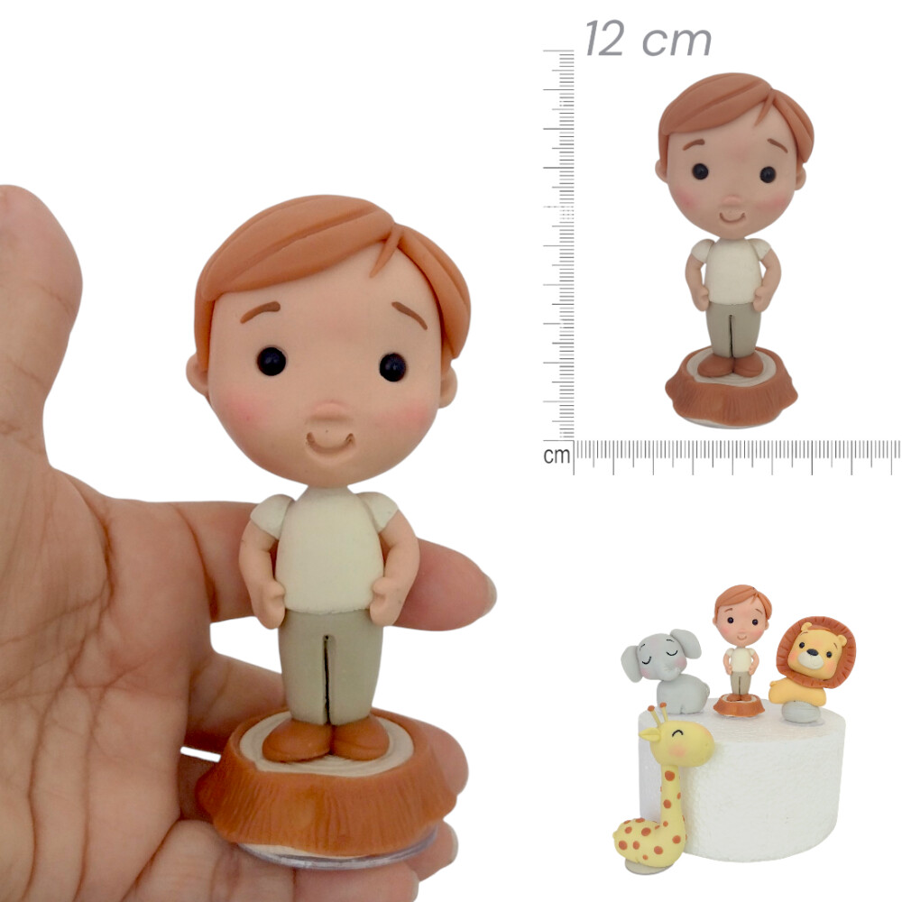 Topo de Bolo Safari Minimalista em Biscuit com Boneco Personaliza