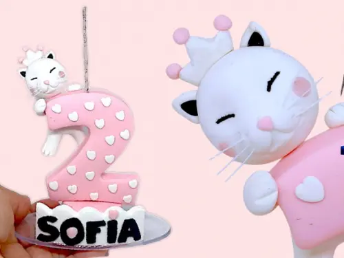 Vela Gatinha Princesa com Nome Personalizado.
