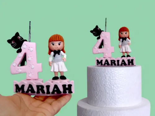 Vela de aniversário com gatinho e boneca personalizada