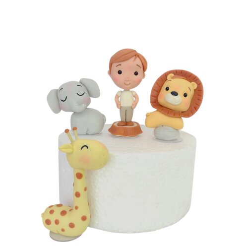 Topo de Bolo Safari Minimalista em Biscuit com Boneco Personalizado
