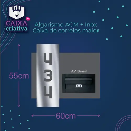 Algarismo Acm+inox 60x55 com Caixa de Correio Maior 35cm