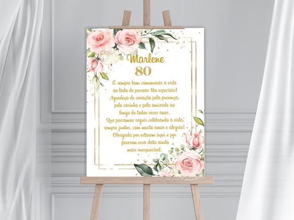 Painel de Boas Vindas - Flores Rosas - 80 Anos