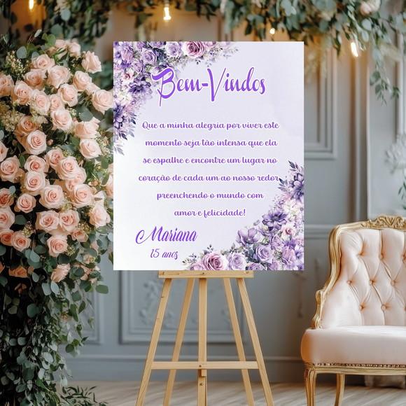 Painel Debutante 15 Anos Bem-vindos Floral Lilás
