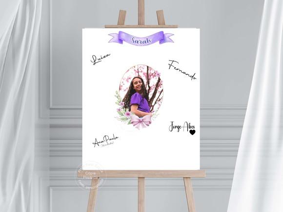 Placa de Assinaturas com Foto - Flores Lilás