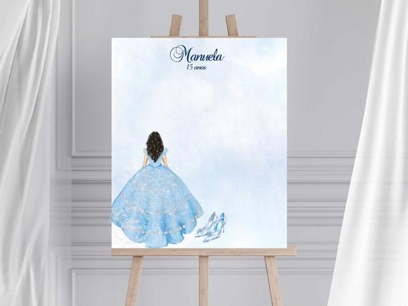 Quadro Assinaturas para 15 Anos - Tema Cinderela- Festa Azul