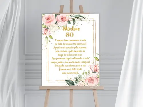 Painel de Boas Vindas - Flores Rosas - 80 Anos
