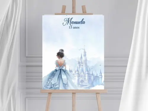 Quadro Assinaturas para 15 Anos - Tema Cinderela- Festa Azul