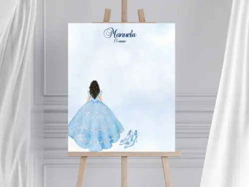 Quadro Assinaturas para 15 Anos - Tema Cinderela- Festa Azul