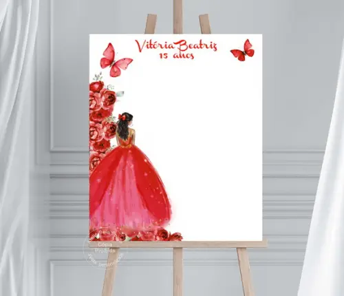 Quadro Assinaturas para 15 Anos- Decoração Vermelha