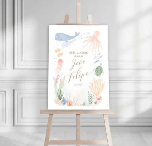 Quadro Bem Vindos Chá de Bebê -fundo do Mar
