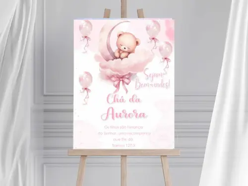 Quadro Bem Vindos Chá de Bebê -ursinha Rosa