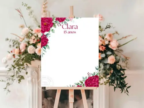 Quadro de Assinatura para Debutante - Flores Vermelhas
