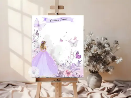 Quadro de Assinaturas com Flores e Borboletas - 15 Anos