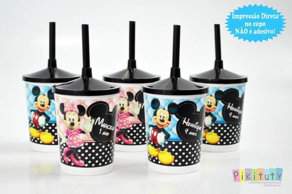 20 Copos c/ Canudo - Mickey e Minnie Rosa