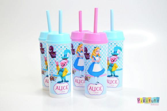 20 Copos Long Drink c/ Canudo Alice no País das Maravilhas