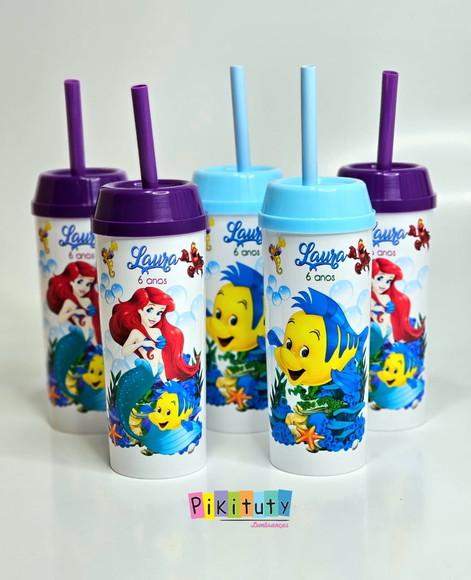 20 Copos Long Drink c/ Canudo a Pequena Sereia