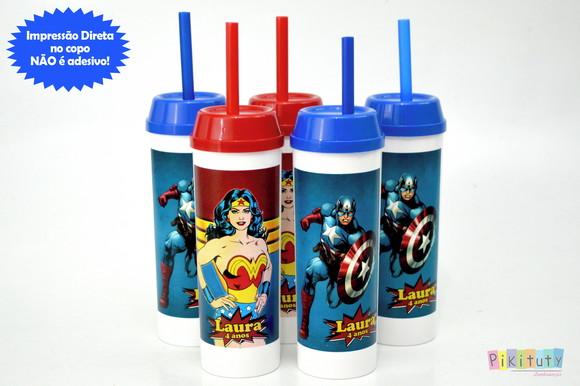 20 Copos Long Drink c/ Canudo Heróis