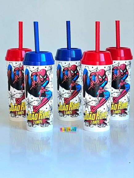 20 Copos Long Drink c/ Canudo Homem Aranha