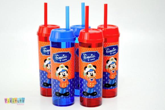 20 Copos Long Drink c/ Canudo Mickey Marinheiro