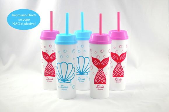 20 Copos Long Drink c/ Canudo Sereia