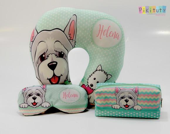 Almofada de pescoço + máscara de dormir + necessaire Cachorr