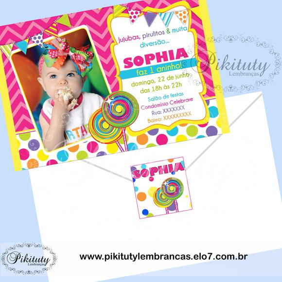 Convite Festa Doce + envelope + lacre
