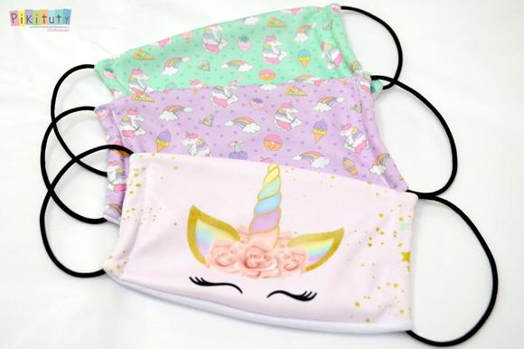 Kit 3 máscaras cirúrgicas em tecido Adul/Infantil Unicórnio