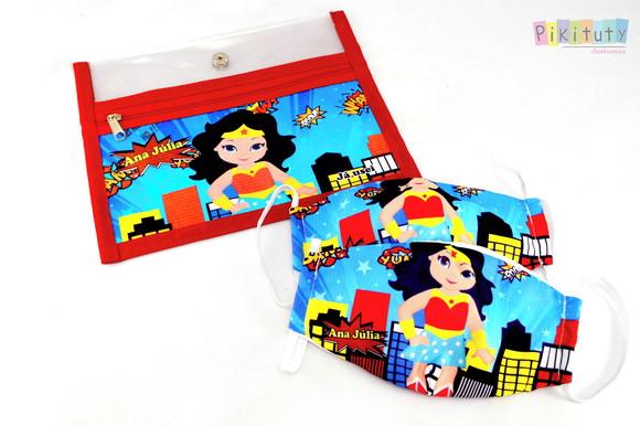 Kit c/ 1 Porta máscara + 2 máscaras - Mulher Maravilha