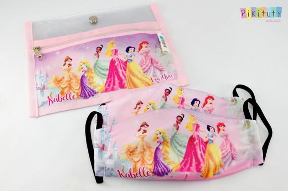 Kit c/ 1 Porta máscara + 2 máscaras de proteção Princesas