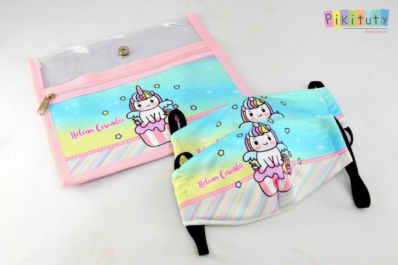 Kit c/ 1 Porta máscara + 2 máscaras de proteção Unicórnio