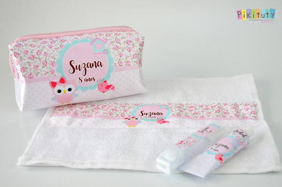 Kit Dental + Necessaire + Toalha Coruja e Passarinhos