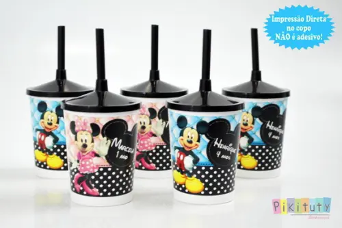 20 Copos c/ Canudo - Mickey e Minnie Rosa