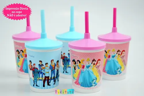 20 Copos c/ Canudo - Princesas e Príncipes Disney