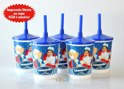 20 Copos c/ Canudo - Ursinho Marinheiro