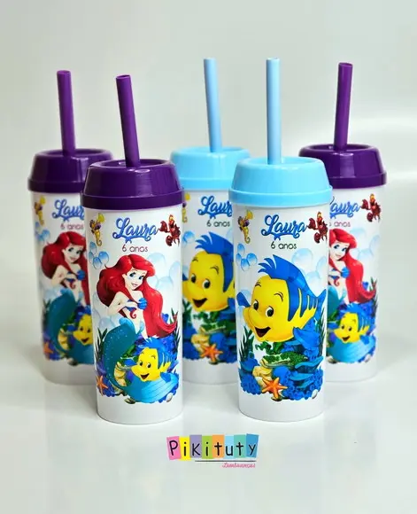 20 Copos Long Drink c/ Canudo a Pequena Sereia
