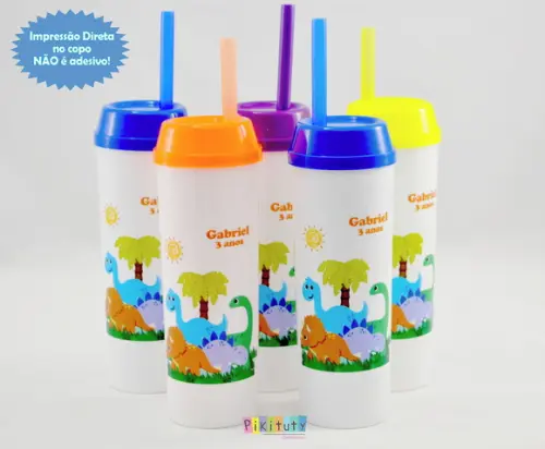 20 Copos Long Drink c/ Canudo Dinossauros