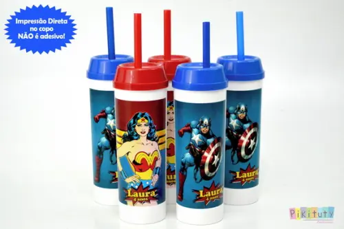 20 Copos Long Drink c/ Canudo Heróis