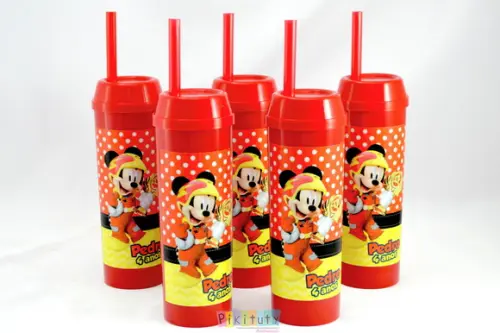 20 Copos Long Drink c/ Canudo Mickey Sobre Rodas