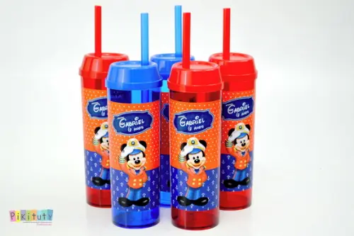 20 Copos Long Drink c/ Canudo Mickey Marinheiro