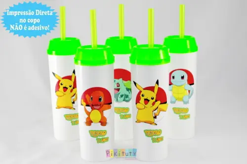 20 Copos Long Drink c/ Canudo Pokemon
