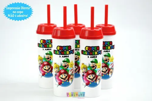 20 Copos Long Drink c/ Canudo Super Mario