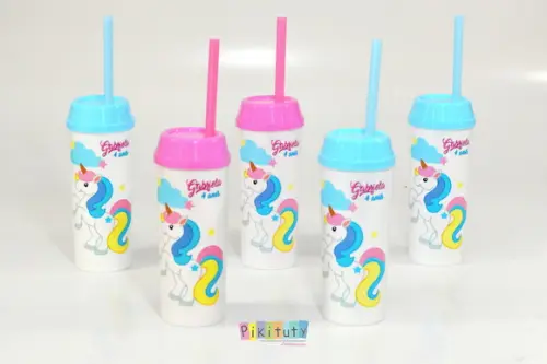 20 Copos Long Drink c/ Canudo Unicórnio