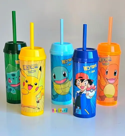 30 Copos Long Drink c/ Canudo Pokemon