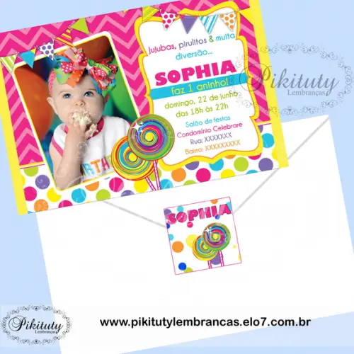 Convite Festa Doce + envelope + lacre